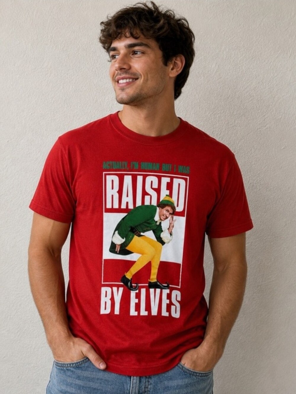BUDDY THE ELF Men's Raised By Elves Red Graphic Tee Will Ferrell Size XL 4036